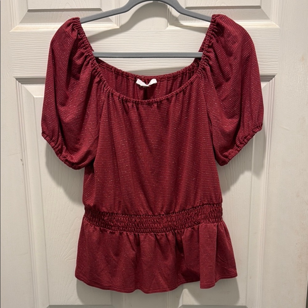 LC Lauren Conrad Red Puff Sleeve Peplum‎ Blouse